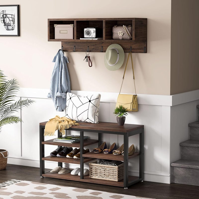 Tribesigns Industrial [Shoe] [Rack] [Bench] with Coat [Rack] Set with Hall Tree, 3 Storage Cubbies, 7 Hooks for Entryway, Hallway, 5-in-1Design, Rustic Brown - Image 4